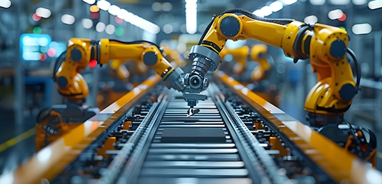 Robotic arms assembling car components on production line